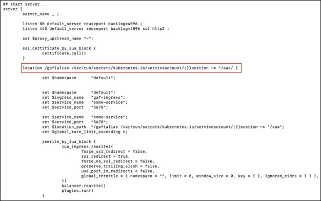 The resulting nginx.conf content after using the alias payload